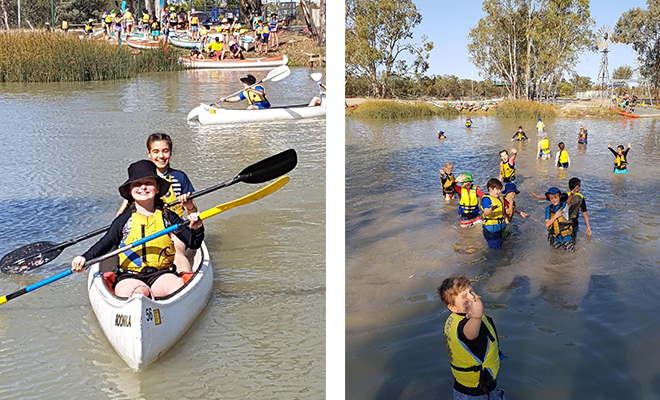 Students kayaking outside