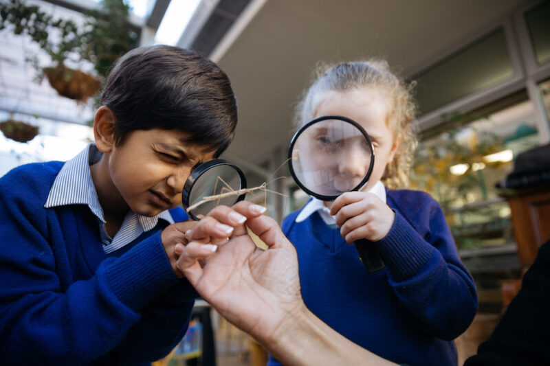 2 children playing with magnifying glass